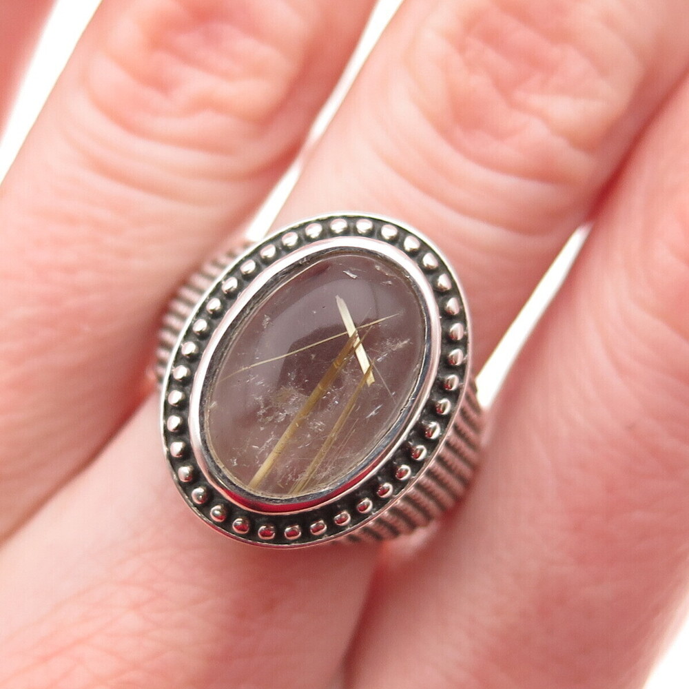 925 Sterling Vintage Real Rutilated Quartz Granulated Oxidized Ring Size 7